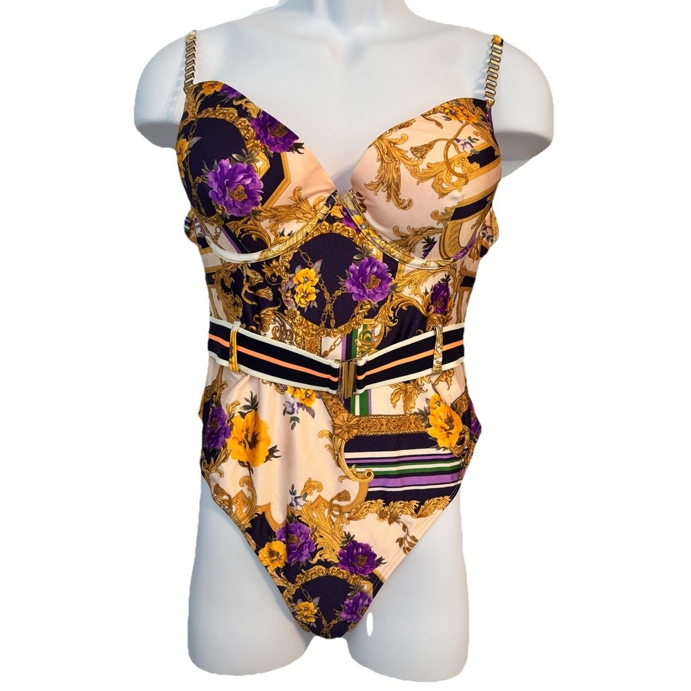 River Island One piece Swimsuit with Belt Floral Gold Size USA 14 UK‎ 18 EUR 44
